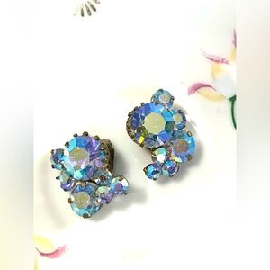 Vintage TRIAD Vintage Aurora Blue Crystal Cluster Clip-On Earrings
